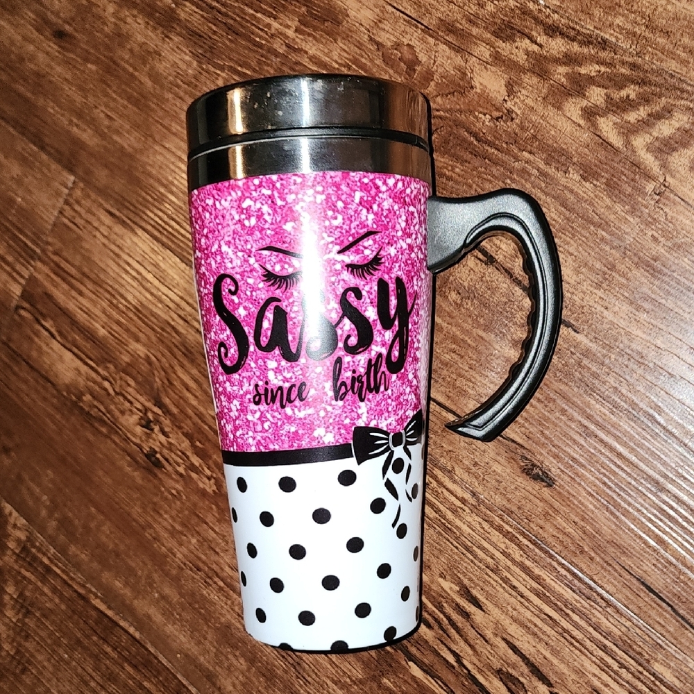 New Sassy Since Birtj Pink Glitter Polka-Dopt Travel Mug 16 Oz.